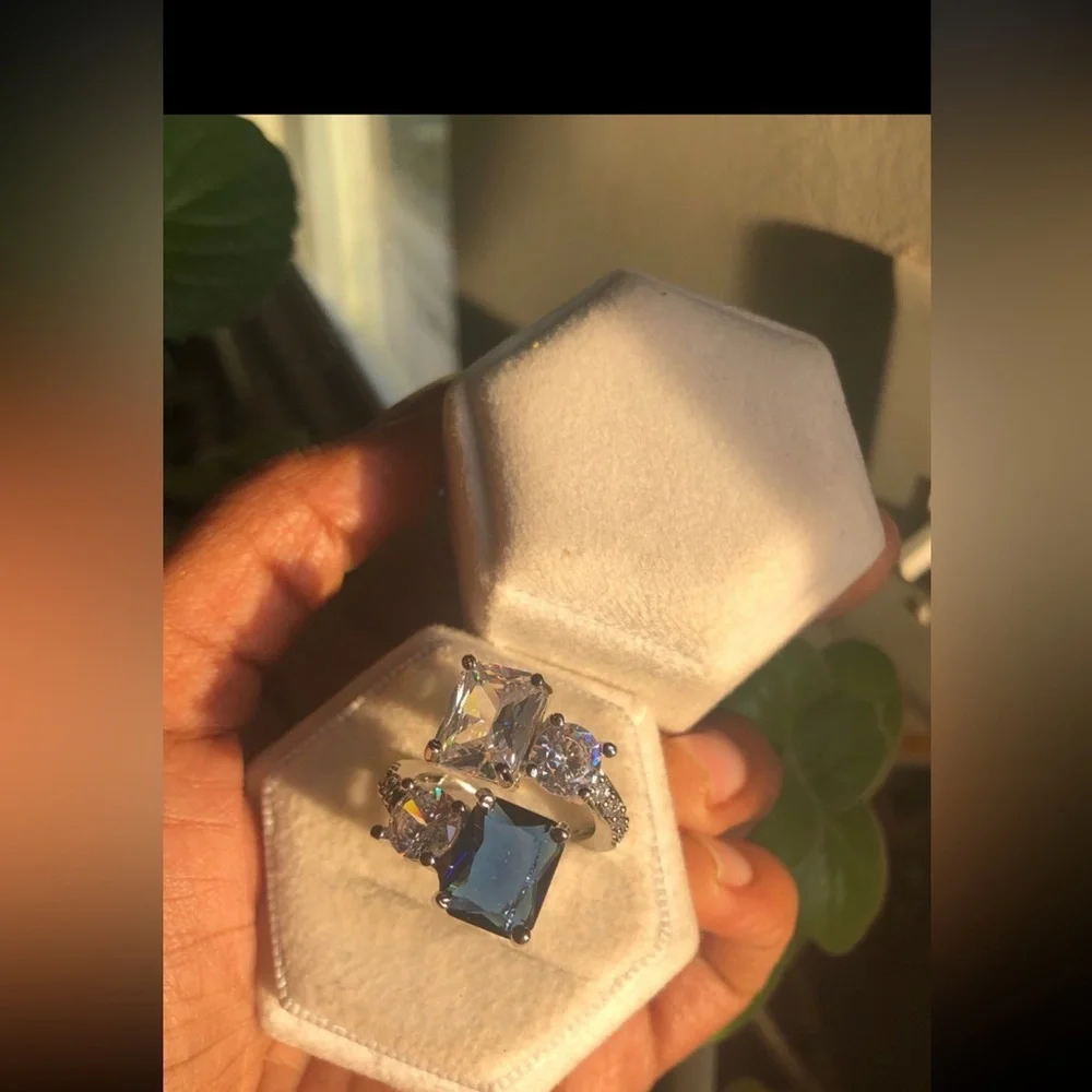- Sapphire 3CT square cut 925 stamped swarovski elements adjustable ring